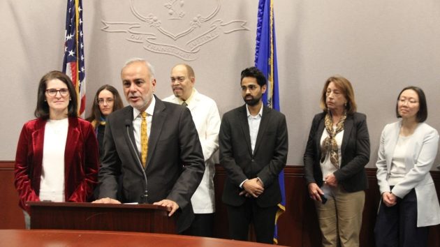 Sen. Saud Anwar, D-South Windsor, speaks at a press conference on the health impacts of climate change. Credit: Joe O'Leary / Senate Democrats