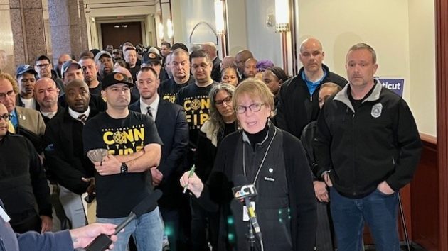 Sen. Cathy Osten, D-Sprague, leads the opposition from public safety employees to a Republican bill that would strip overtime work from their pensions. Credit: Lawrence Cook / Senate Democrats