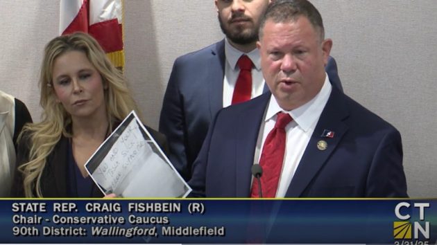 Rep. Craig Fishbein, R-Wallingford, speaks during a March 31 press conference. Screenshot courtesy of CT-N